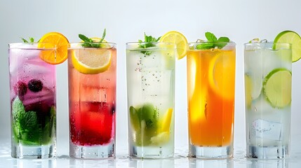 Iced beverages or lemonade in tall glasses