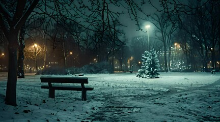 bench in the park snowy