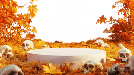 Blank round stand on a leafy surface with bones and a transparent background