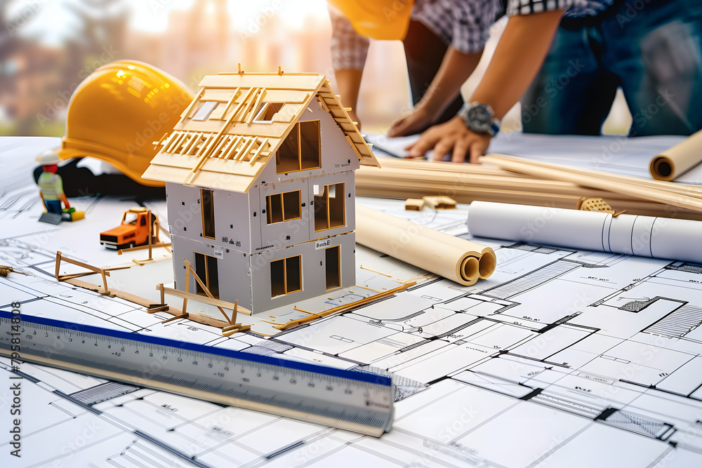 Poster building house on blueprints with worker - construction project