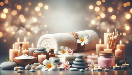 Warm candles, plush towels, and flowers create a cozy spa setting.