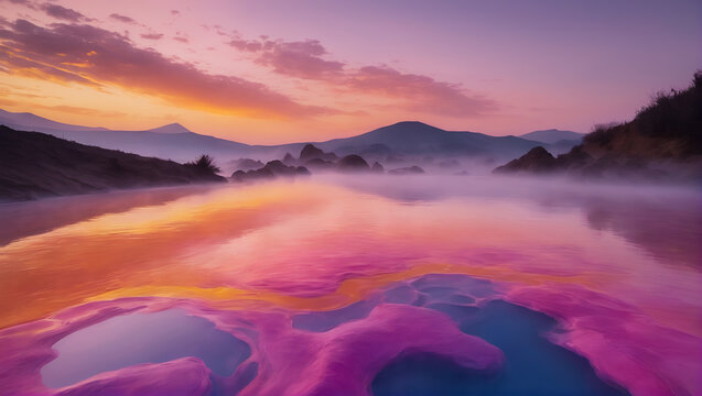 Ethereal images of liquid pools radiating with warm, sunset-inspired colors such as peachy orange, golden yellow, rosy pink, and lavender, slowly spreading and intertwining on a background ULTRA HD 8K