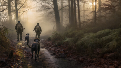 Two men hunting in the woods with dogs Lifestyle Outdoor activity