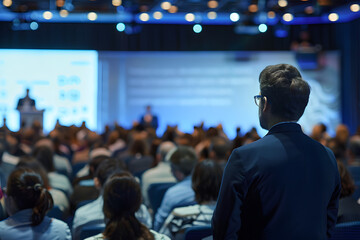 Business and entrepreneurship symposium. Speaker giving a talk at business meeting. Audience in the conference hall. Rear view of unrecognized participant in audience.