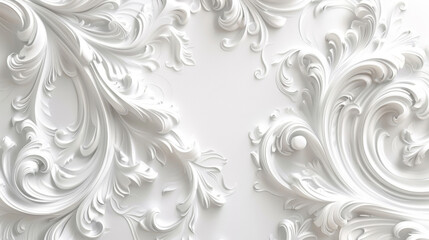 Elegant white 3d baroque ornament design with intricate swirls and curling details