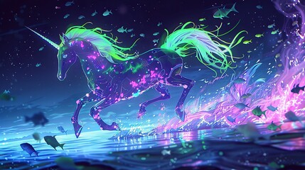 Blacklight Anime Fusion, a cybernetic unicorn running on a glowing ocean filled with vibrant fish, iridescent scales, under blacklight effect. 