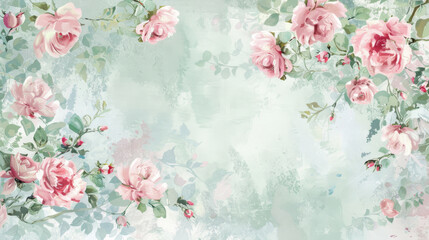 Elegant vintage wallpaper pattern with pink roses and soft pastel tones