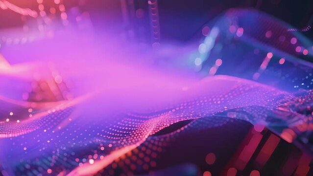 Soft unfocused shapes and lines dance across the screen illustrating the evershifting landscape of digital ytics and data in motion. .