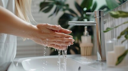 close-up of hands in a sink in a nice bathroom with plants and during the day