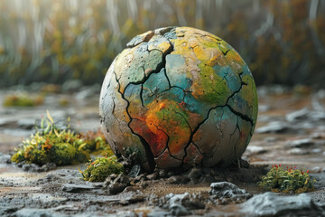 colorful world globe with cracks in environmental crisis concept