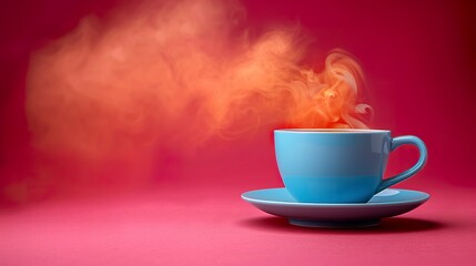 Fototapeta premium A blue coffee cup rests on a blue saucer, while hot coffee emits gentle streams of steam on a red background. Cup of hot coffee with copy space.