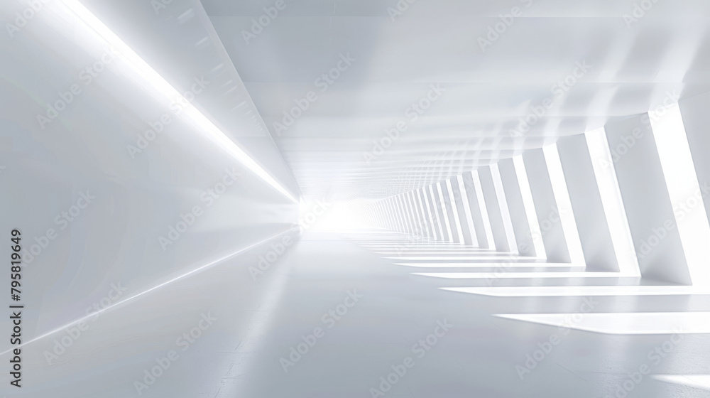 Poster abstract, modern design of a white corridor with vanishing point and intense light