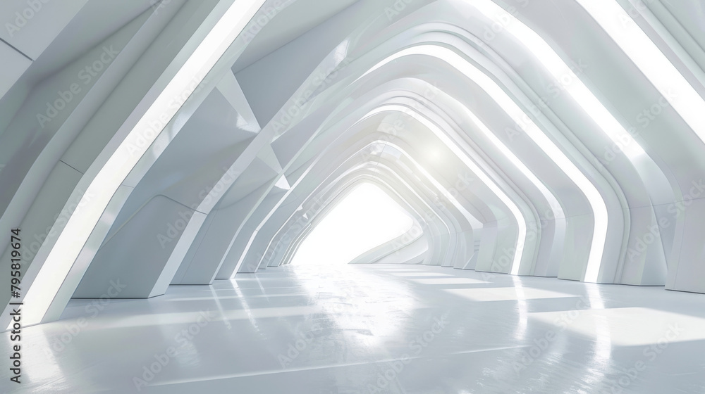 Poster futuristic white tunnel with natural light creating a modern and vibrant atmosphere