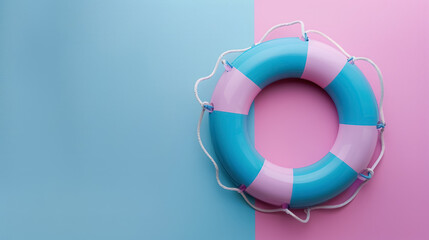 minimalistic pink and blue lifebuoy on a trendy split pastel background, with a copy space for text