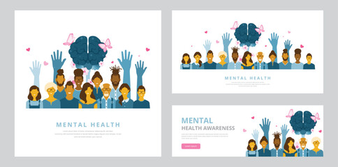 Mental health awareness concepts with demographically diverse group of happy people. Ideal for posters, web banners, headers, or social media posts