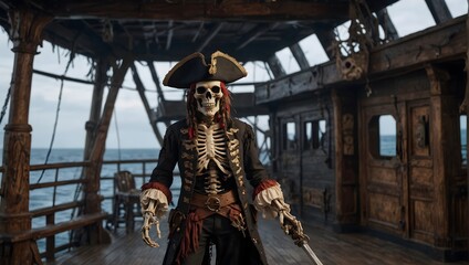 A skeleton dressed as a pirate, complete with a tattered hat and a wooden leg, standing on the deck of a ghost ship ai_generative