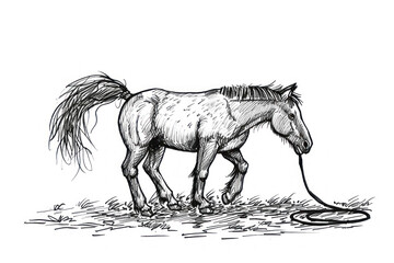 pen and ink drawing of a horse in motion with a dynamic mane and tail - obrazy, fototapety, plakaty