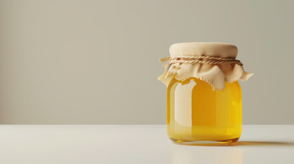 artisanal honey jar with natural burlap fabric on clean background for gourmet food marketing, with copy space for text 