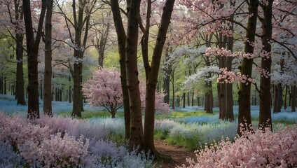 A springtime forest with blossoming trees in every shade of pastel, from baby blue to soft lilac ai_generative