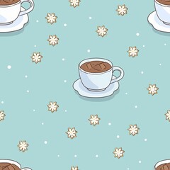 A cup of Hot Chocolate with a single marshmallow floating on top, dusted with cinnamon and nutmeg, on a saucer with a snowflake design, seamless background,