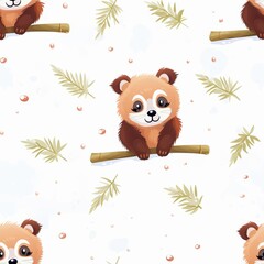 A curious Red Panda perched on a branch, munching on bamboo leaves with snowflakes gently falling around it, seamless background, - obrazy, fototapety, plakaty