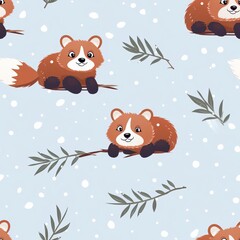A curious Red Panda perched on a branch, munching on bamboo leaves with snowflakes gently falling around it, seamless background, - obrazy, fototapety, plakaty