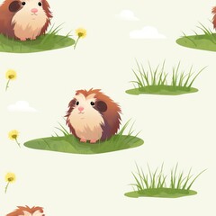A fluffy Guinea Pig munching on a dandelion in a miniature garden, ladybugs crawling on the leaves, seamless background, - obrazy, fototapety, plakaty