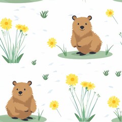 A happy Quokka munching on wildflowers in a field of blooming yellow daisies, with rolling hills in the background, seamless background, - obrazy, fototapety, plakaty