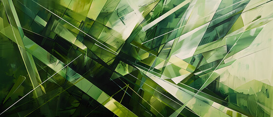 This captivating abstract artwork features a dynamic interplay of geometric shapes and lines in varying shades of green - obrazy, fototapety, plakaty
