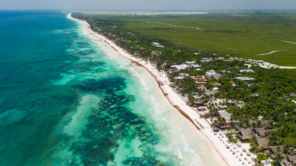 Aerial drone view of Tulum beach in Mexico