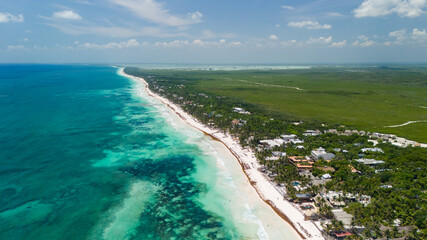 Aerial drone view of Tulum beach in Mexico