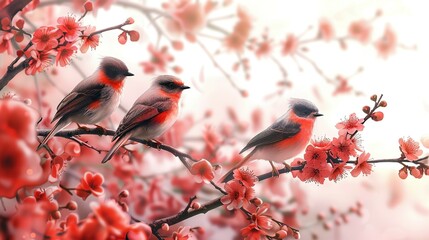 Birds in branches flowers floral background with flowers - obrazy, fototapety, plakaty