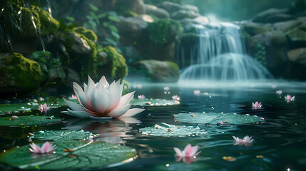 a blooming lotus flower gently floating on serene waters. The scene is surrounded by lush greenery, moss-covered rocks, and cascading waterfalls - obrazy, fototapety, plakaty