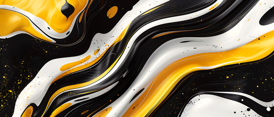 This captivating abstract design features swirling patterns of black, white, and yellow colors. - obrazy, fototapety, plakaty