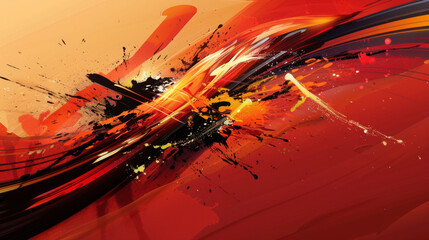 Energetic abstract painting with bold splashes and lively lines on a vibrant red background - obrazy, fototapety, plakaty
