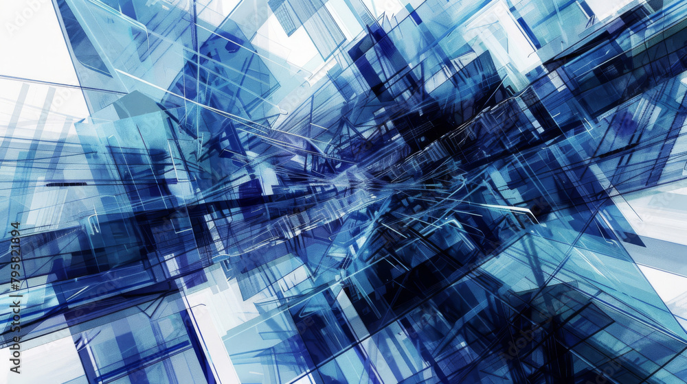 Aufkleber dynamic blue shapes interweave in a complex, modern geometric pattern