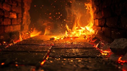 Obraz premium Fire burning intensely in brick oven