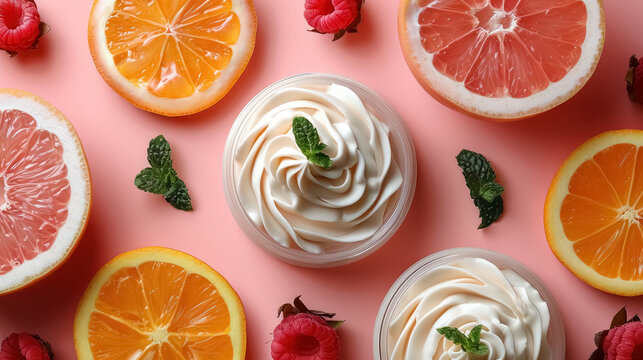 fresh citrus whipped cream with fruit garnish on pastel background for culinary arts