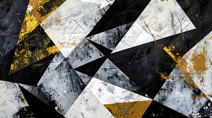 This captivating abstract artwork features intersecting geometric shapes in black, white, and shades of grey, accentuated by touches of golden yellow - obrazy, fototapety, plakaty