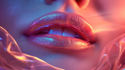 close-up of holographic glitter lips in vibrant neon light for beauty and makeup concept