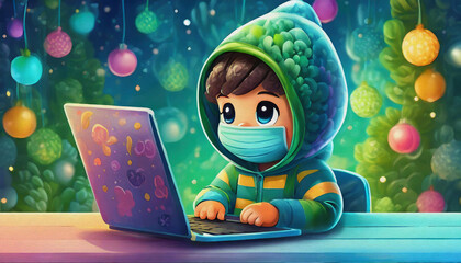 oil painting style CARTOON CHARACTER CUTE baby hacker wearing a black mask and a hood is sitting in front of computer, - obrazy, fototapety, plakaty