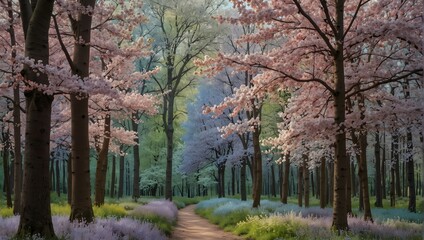 A springtime forest with blossoming trees in every shade of pastel, from baby blue to soft lilac ai_generative