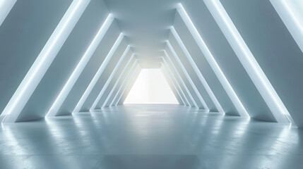Modern minimalist design of a white corridor with glowing edges leading to a bright light