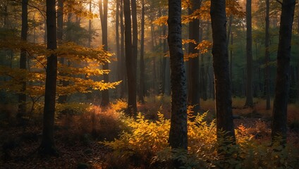 Obraz premium A forest during golden hour, where the setting sun casts a warm, golden glow over the multi-colored leaves ai_generative