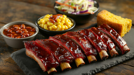 Glazed barbecued robs with side dishes - 795823093