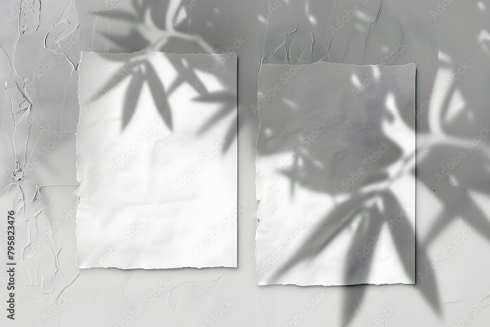 Poster 2 vertical sheets of textured white paper on soft gray table background. mockup overlay with the pla