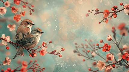 Birds in branches flowers floral background with flowers - obrazy, fototapety, plakaty