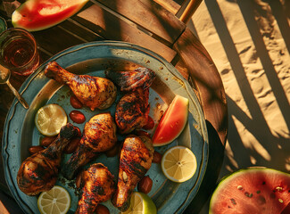 Grilled drumsticks with watermelon outdoors - obrazy, fototapety, plakaty