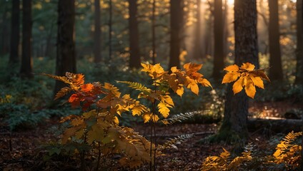  A forest during golden hour, where the setting sun casts a warm, golden glow over the multi-colored leaves ai_generative