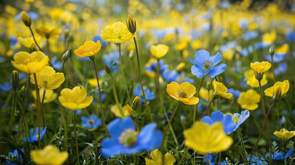 Blue meadow full of yellow flowers. Mixed with other flowers from time to time. I can feel the scent of spring. It's a great place to take a walk